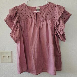 A NEW DAY Women's Size XL Pink/Mauve Eyelet Top Ruffled Cap Sleeves Like New